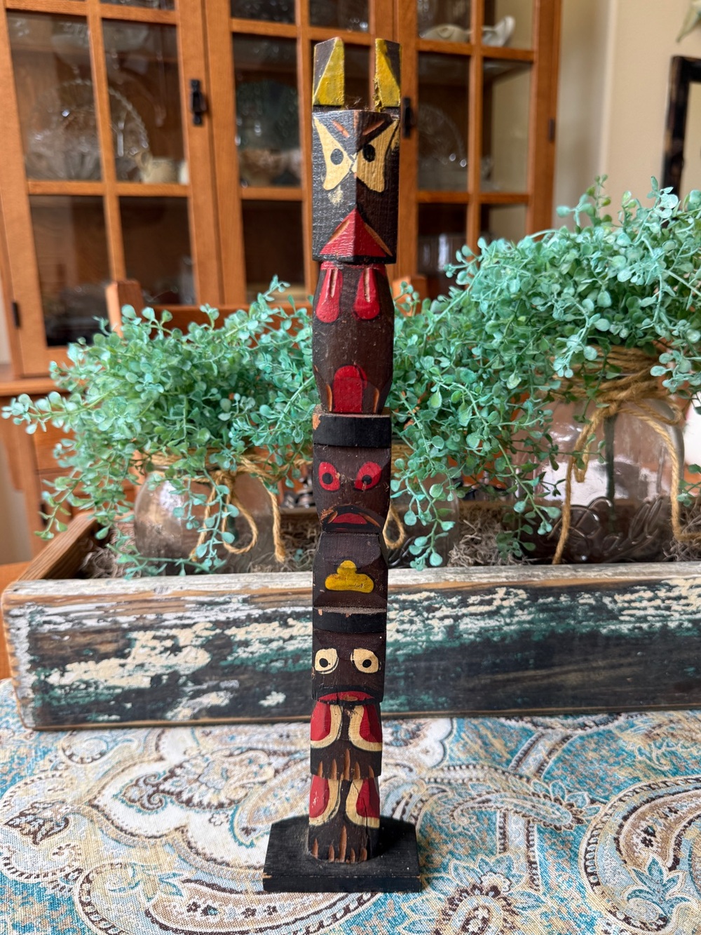 Hand Carved Wooden Totem Pole Folk Art Sculpture Vintage 15 Inch